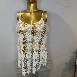 Boho Delicate 100% cotton cream crochet tank top camisole floral open knit SMALL